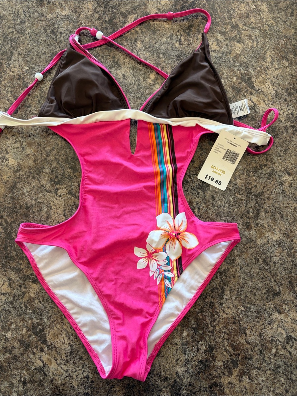Women’s Pink Floral One-Piece Swim Suit with Contrast Straps